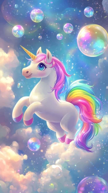 Cute Rainbow Unicorn iPhone wallpaper where the creature dances among floating rainbow bubbles.