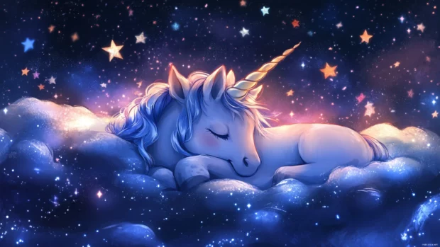 Cute Unicorn Wallpaper Aesthetic showing a unicorn cuddled in a blanket of stars.