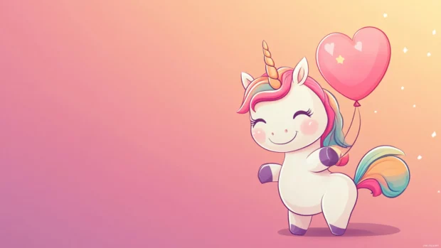 Cute Unicorn Wallpaper with the creature holding a heart shaped balloon and giggling.