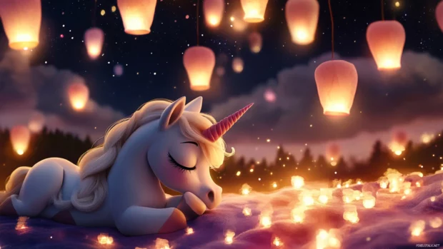 Cute Unicorn dreaming beneath a sky full of floating lanterns.