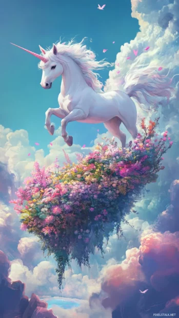 Cute Unicorn exploring a floating garden in the clouds.