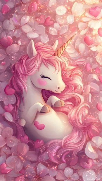 Cute Unicorn nestled in flower petals with sparkles and hearts.