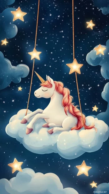 Cute Unicorn relaxing on a cloud swing tied to shining stars.