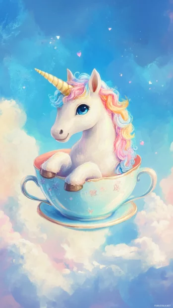 Cute Unicorn sitting inside a teacup floating above the clouds.