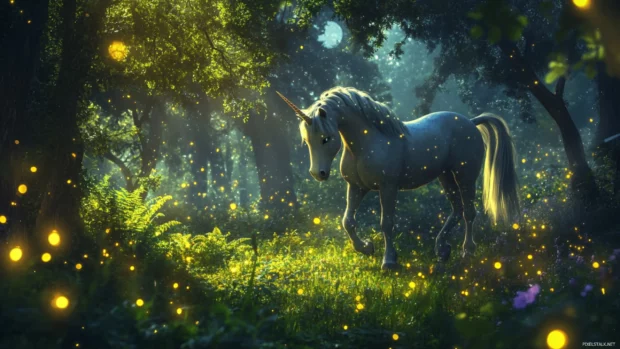 Cute Unicorn surrounded by glowing fireflies in a magical forest.