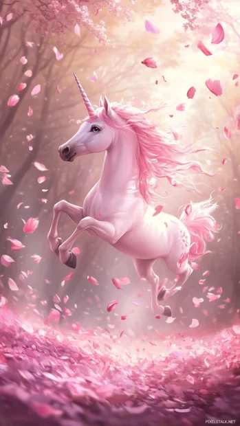 Cute Unicorn twirling under falling petals in a pink wonderland.