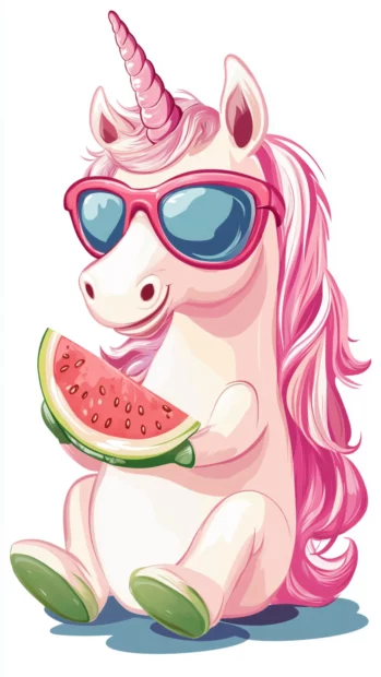 Cute Unicorn wearing sunglasses and eating watermelon.