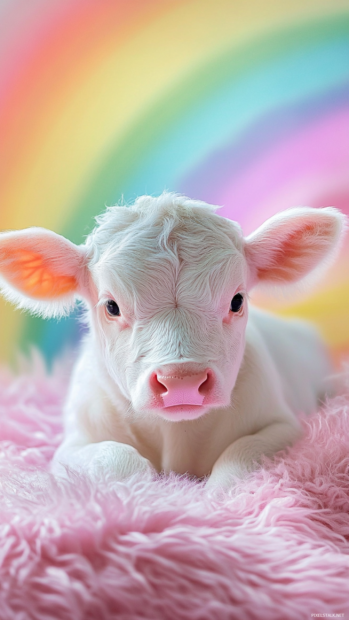 Cute baby cow phone wallpaper with tiny wings and rainbow.
