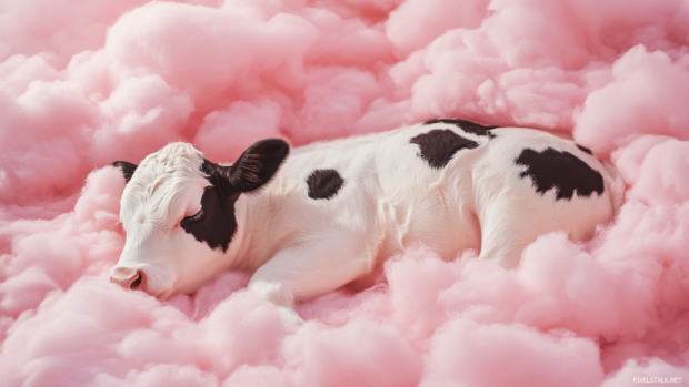 Cute cow curled up sleeping on fluffy pink clouds.