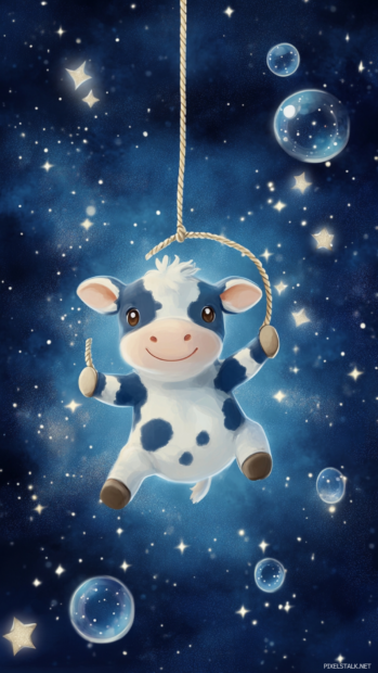 Cute cow jumping rope surrounded by stars and bubbles.