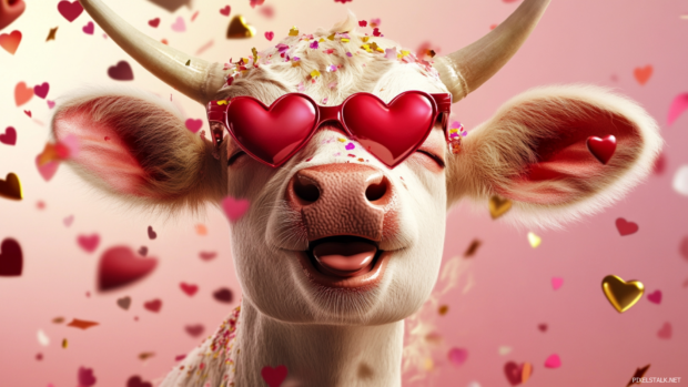 Cute cow spinning with confetti and heart glasses.