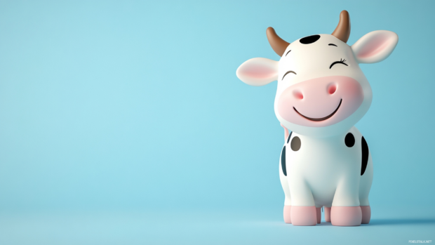 Cute cow winking with oversized head and pink hooves on blue background.