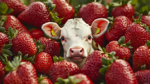 Cute little Strawberry Cow hiding behind giant strawberries.