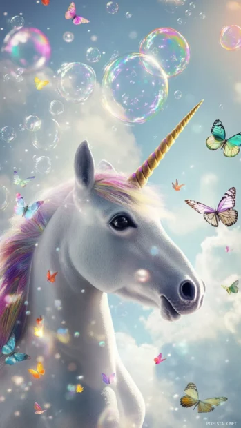 Cute unicorn blowing rainbow bubbles as butterflies fly past in a soft blue sky.