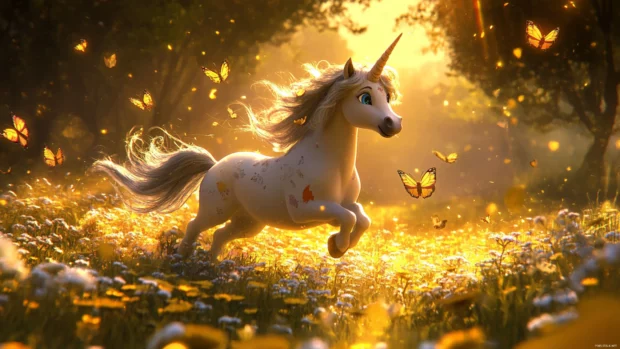 Cute unicorn chasing butterflies in a glowing daisy meadow.