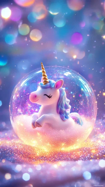 Cute unicorn floating gently inside a glowing glitter orb.