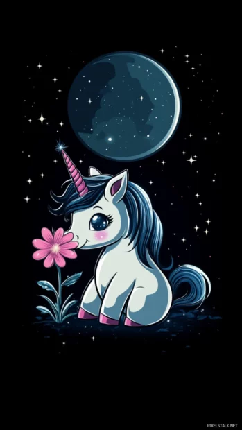 Cute unicorn holding a sparkling pink flower under moonlight.