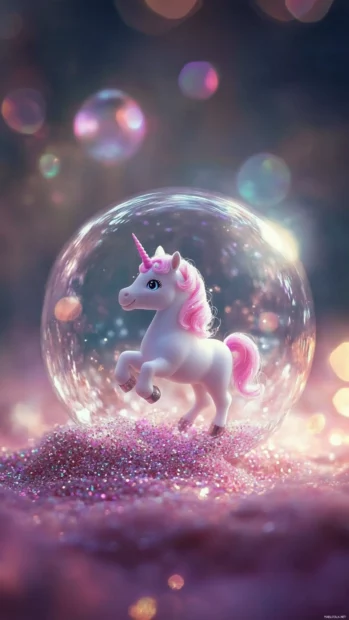 Cute unicorn iPhone wallpaper with a tiny unicorn floating inside a glittery bubble.