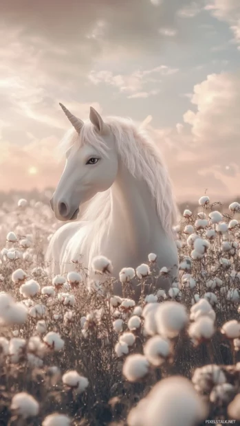 Cute unicorn in a dream garden filled with cotton flowers.