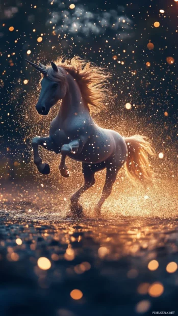 Cute unicorn wallpaper for iPhone with sparkles trailing from a flying unicorn.