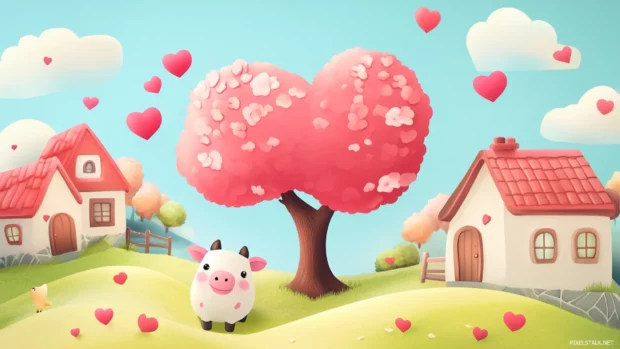 Cute village setting with Kawaii Cow standing near a heart shaped tree.