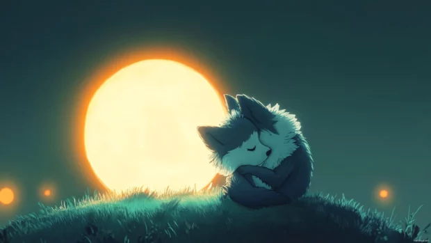 Cute wolf wallpaper featuring a cartoon wolf hugging a glowing moon on a hill.