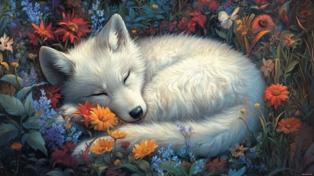 Cute wolf wallpaper showing a fluffy baby wolf curled up inside a bed of wildflowers.