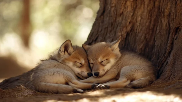 Cute wolf wallpaper showing two baby wolves napping side by side under a tree.