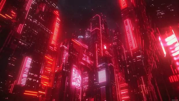 Cyberpunk city scene with a dark futuristic setting, tall structures, and selective neon highlights.