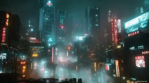 Cyberpunk city scene with looming buildings, glowing signs, and thick fog for an immersive vibe.