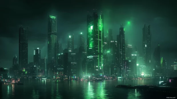 Cyberpunk city view with futuristic towers and glowing neon in a dark setting.
