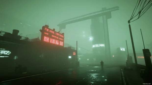 Cyberpunk city view with simple neon elements, modern towers, and a moody dark backdrop.