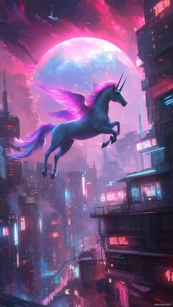 Cyberpunk unicorn background showcasing a unicorn flying above neon rooftops.