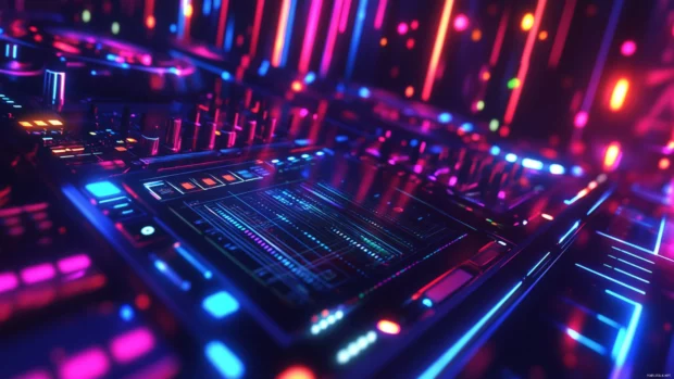 DJ deck under colorful lights in ultra realistic detail with visual energy inspired by DJ turntable 4K music wallpaper.