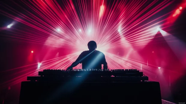 DJ performing in a club filled with music lights.