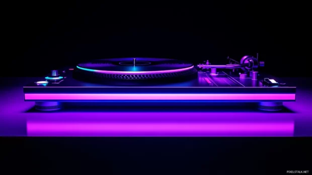 DJ turntable deck with ambient purple lighting, HD DJ setup wallpaper.