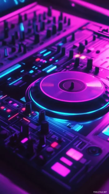 DJ turntable setup glowing in cyberpunk colors.