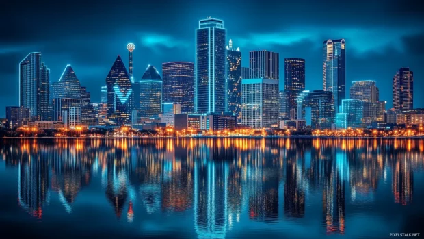 Dallas cityscape at night, featuring illuminated buildings and vibrant lights mirrored in the water.