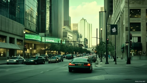 Dallas downtown during the day, highlighting the green lit Bank of America Plaza and lively streets.