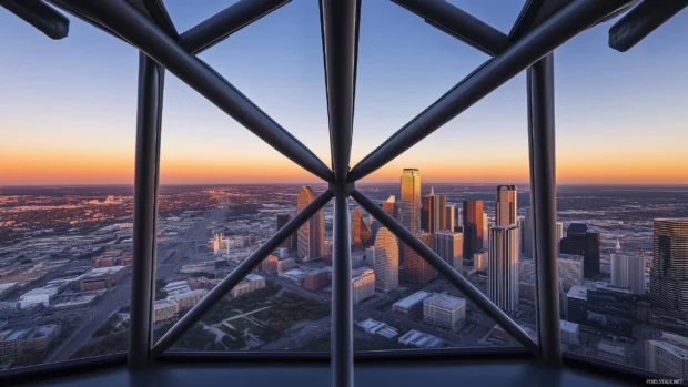 Dallas skyline against a clear sky, emphasizing the geometric design of high rise buildings and the expansive cityscape.
