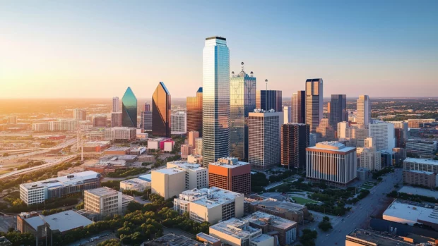 Dallas skyline at golden hour, highlighting Reunion Tower and sleek skyscrapers.