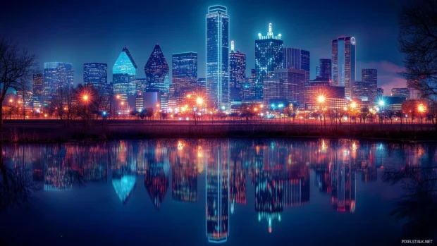 Dallas skyline at night with glowing buildings and vibrant lights reflected in the water.