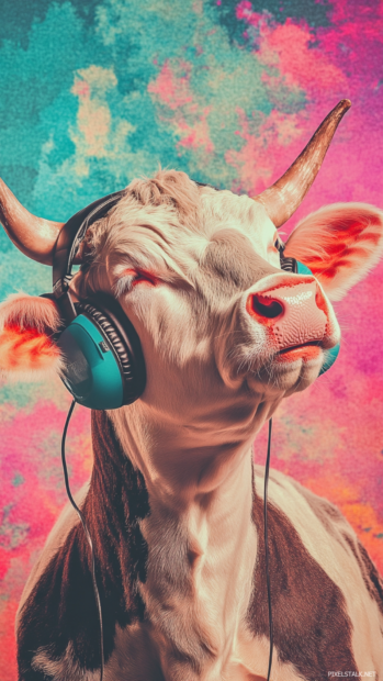 Dancing cow with headphones listening to music on pastel stage.