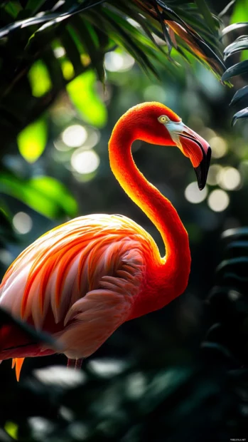 Dappled sunlight highlights a flamingo against a deep jungle backdrop.