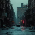 Dark City Wallpaper aesthetic, narrow streets, old buildings and neon haze.