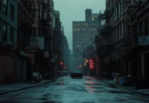Dark City Wallpaper aesthetic, narrow streets, old buildings and neon haze.