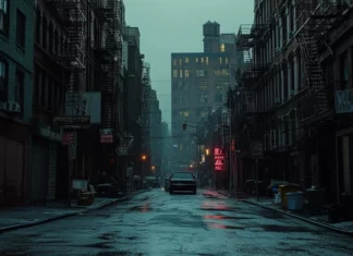 Dark City Wallpaper aesthetic, narrow streets, old buildings and neon haze.