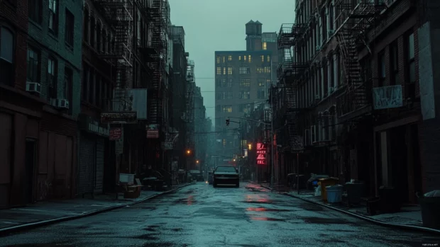 Dark City Wallpaper aesthetic, narrow streets, old buildings and neon haze.