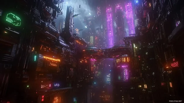 Dark Cyberpunk setting with subtle neon, futuristic structures, and an atmospheric skyline.
