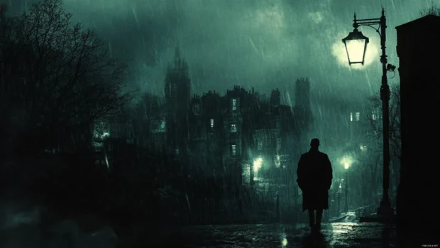 Dark city silhouettes dissolve into the stormy sky at midnight.